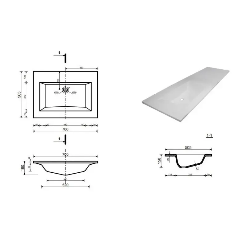 Раковина-столешница Эстет Рава 70-107х50,5 с чашей 70 Белый ФР-00001322R Раковина-столешница Эстет Рава 70-107х50,5 с чашей 70 Белый ФР-00001322R — изображение 2